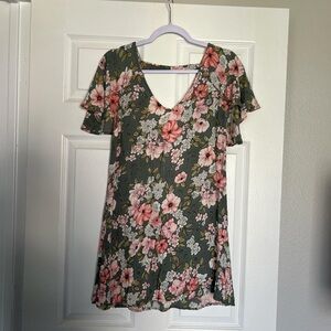 Green and pink floral flowy mini dress with ruffle sleeves